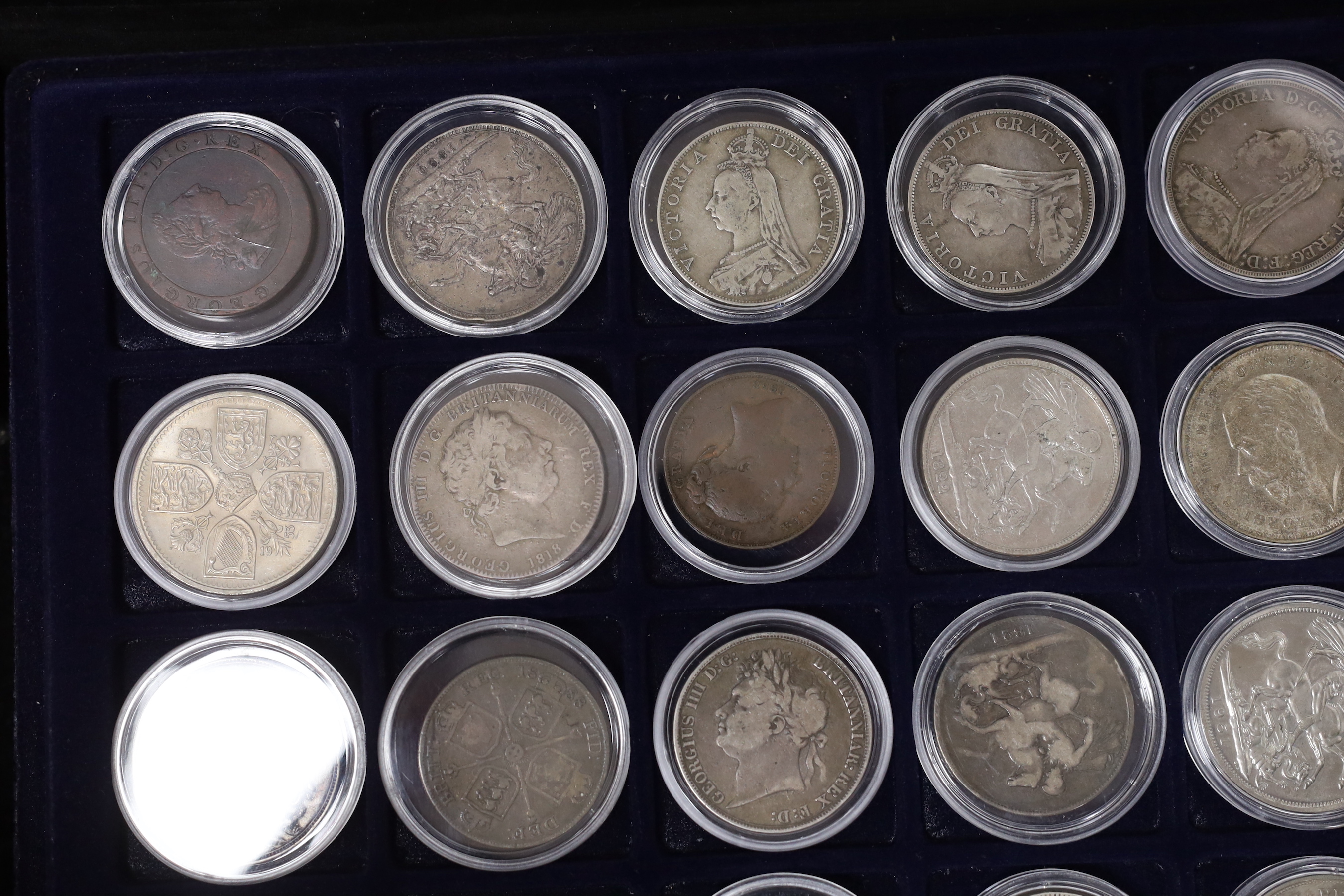 UK coins, a case of George III to Queen Elizabeth II silver crowns, halfcrowns, florins, shillings etc